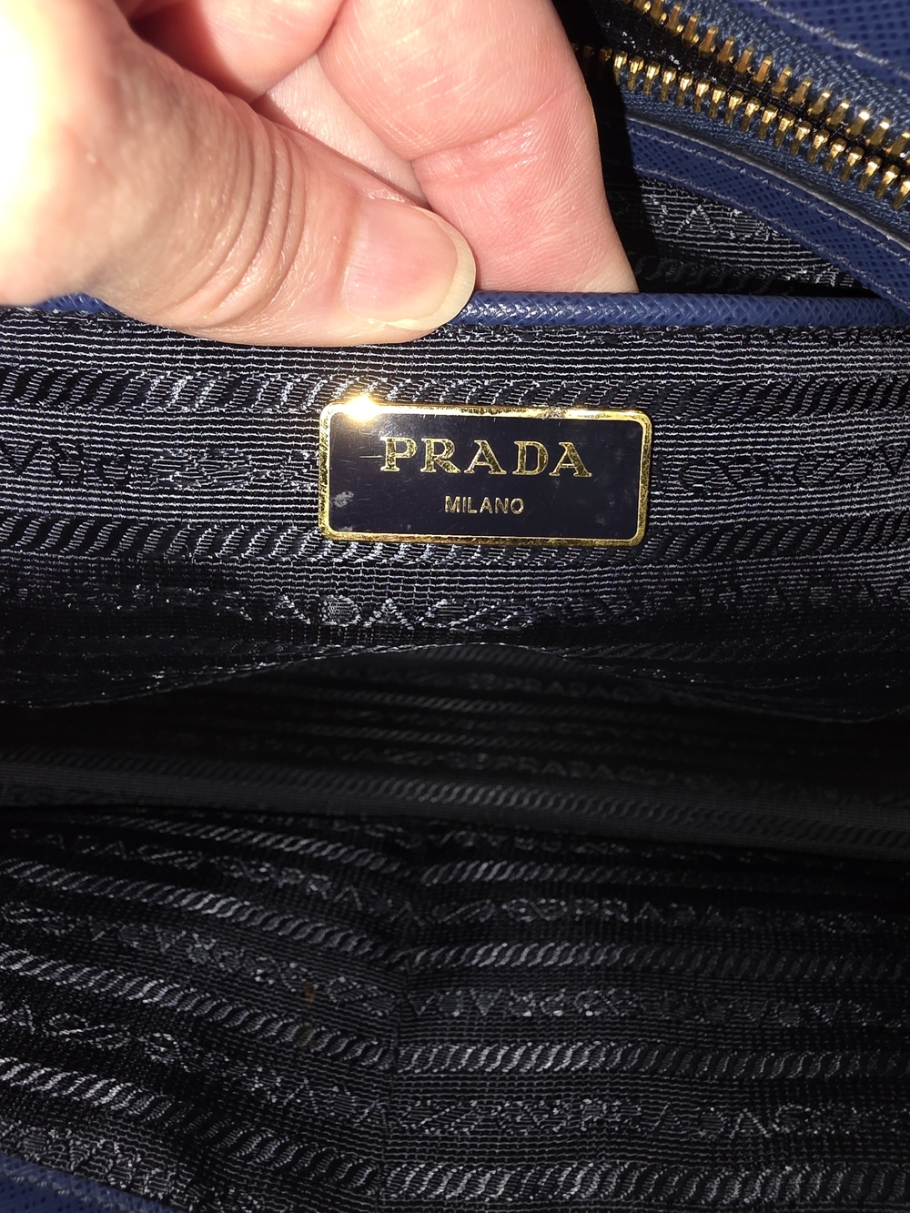 Prada Milano Navy Leather Handbag with Gold Plaque